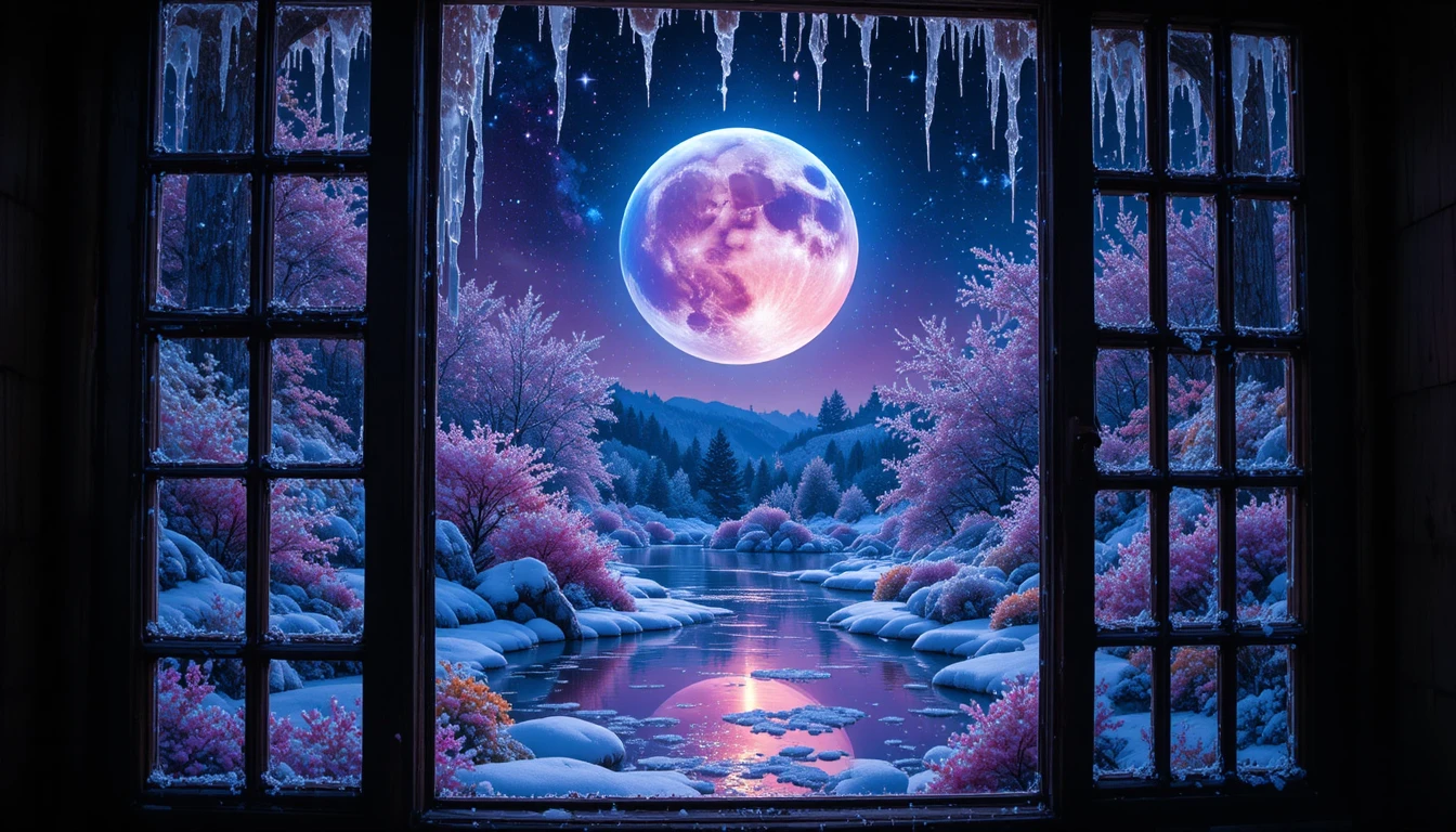 Jardín invernal a la luz de la luna visto a través de una ventana escarchada