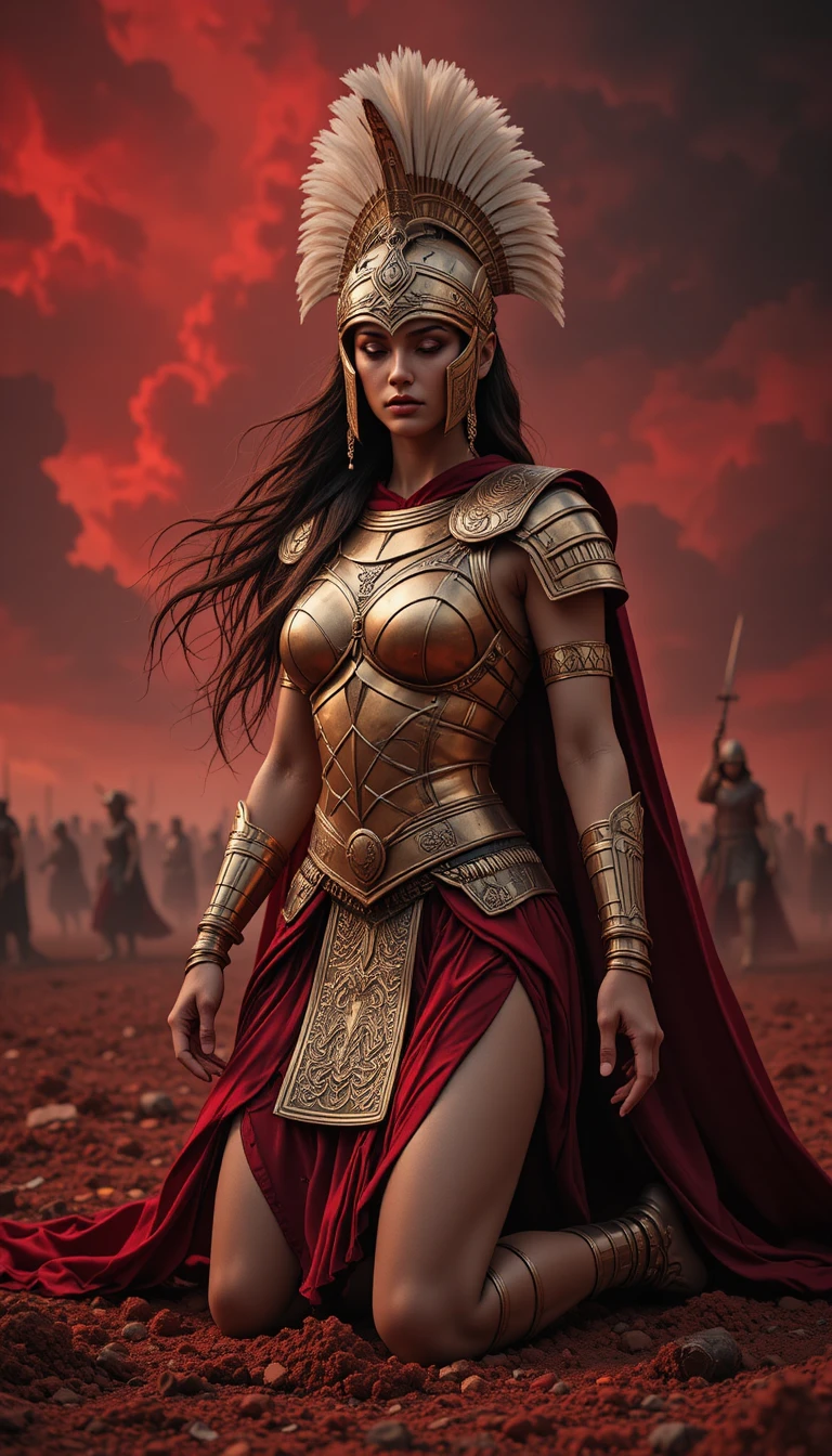 Legendary female warrior kneeling on a mystical battlefield