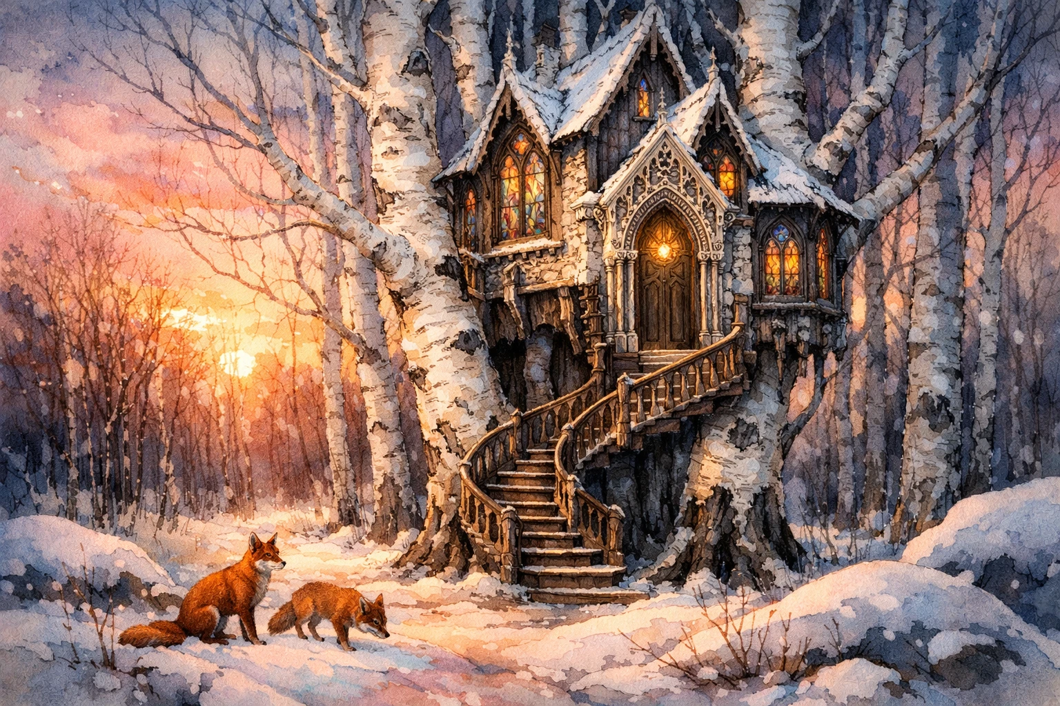 Casa na árvore gótica de bétulas brilhando sobre uma floresta nevada ao amanhecer