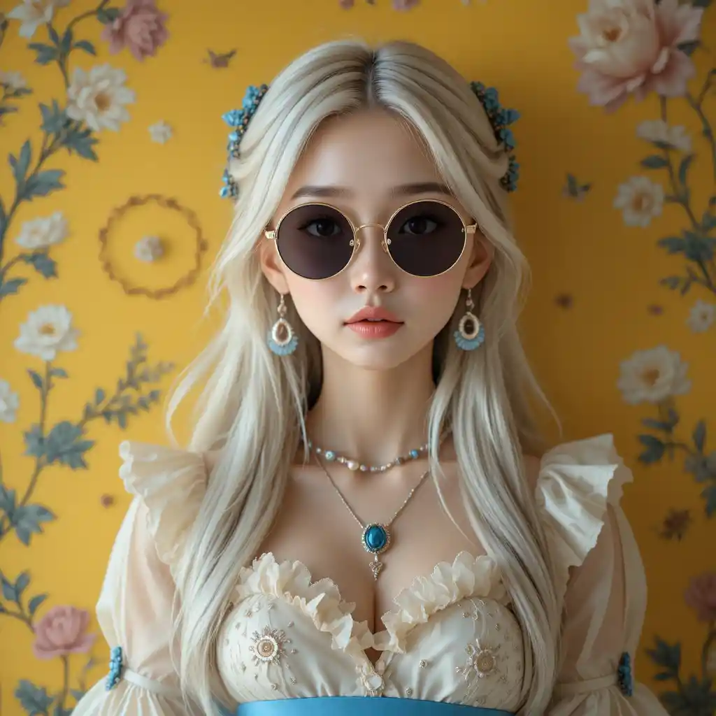 Young fantasy girl in floral dress before yellow wall