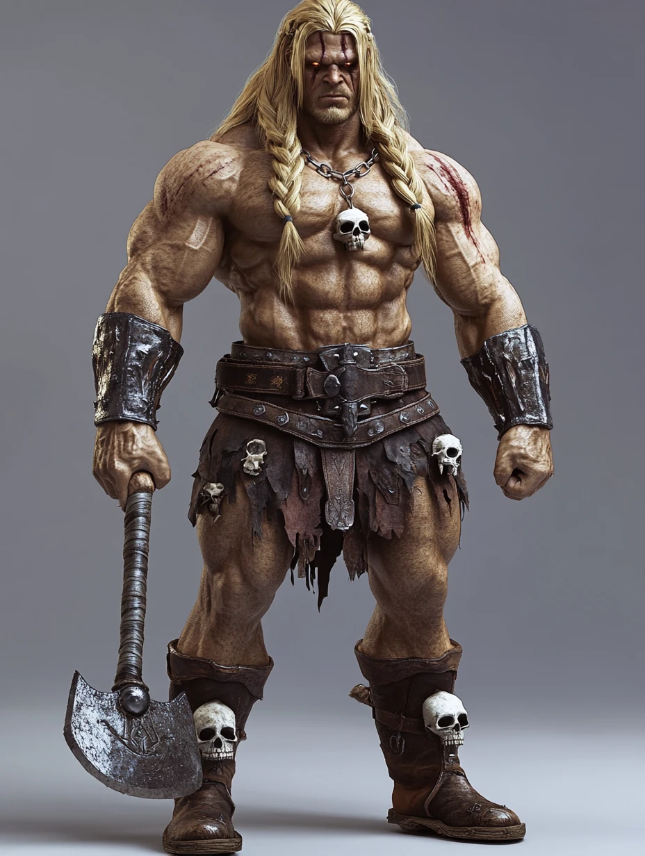 Muscular barbarian warrior holding an axe in 3D render