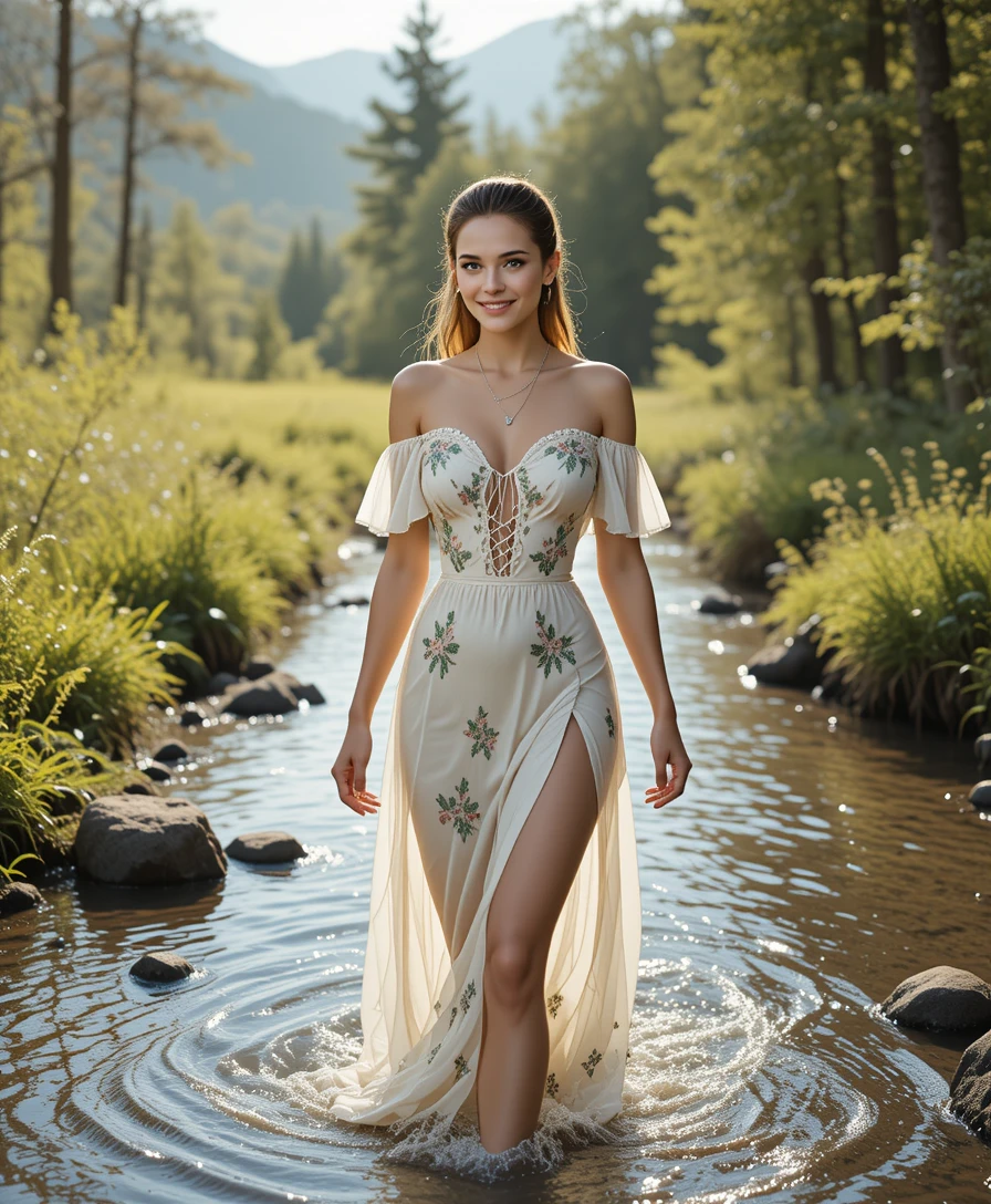 Blonde woman in summer dress walking through forest stream