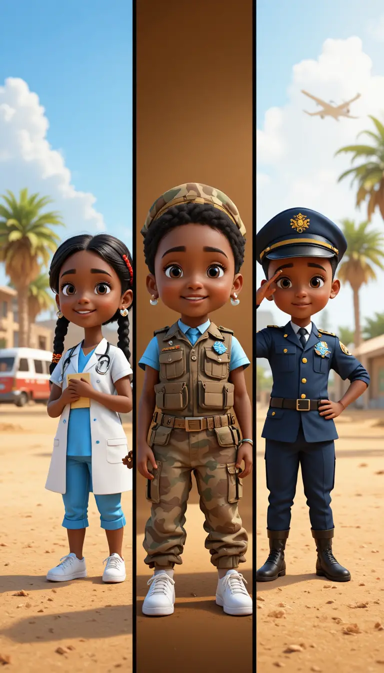 Joyful African girl in three inspiring career outfits