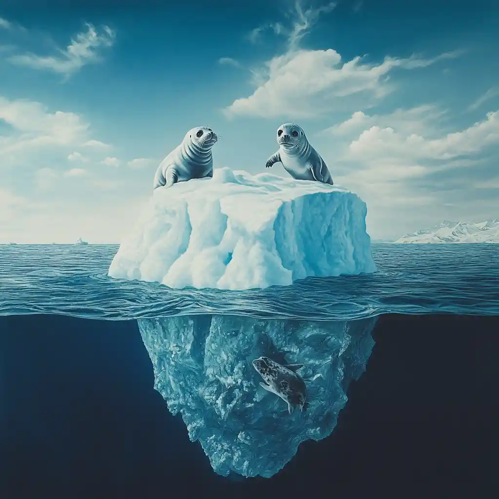 Playful baby seals on a tiny iceberg in open ocean