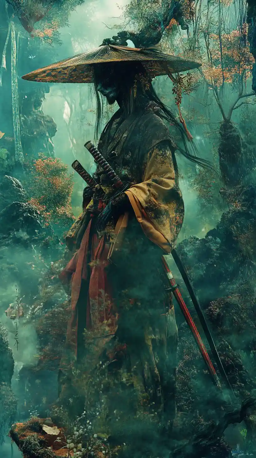 Samurai surrealista dark fantasy in una scena di illusione impossibile