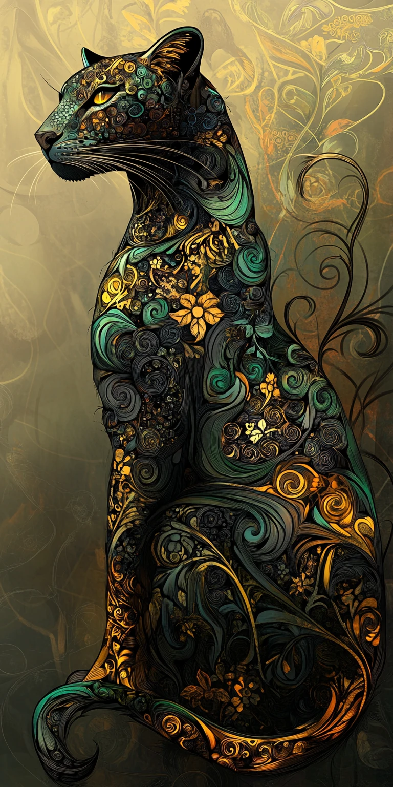 Gothic fantasy leopard with intricate swirling mosaic patterns