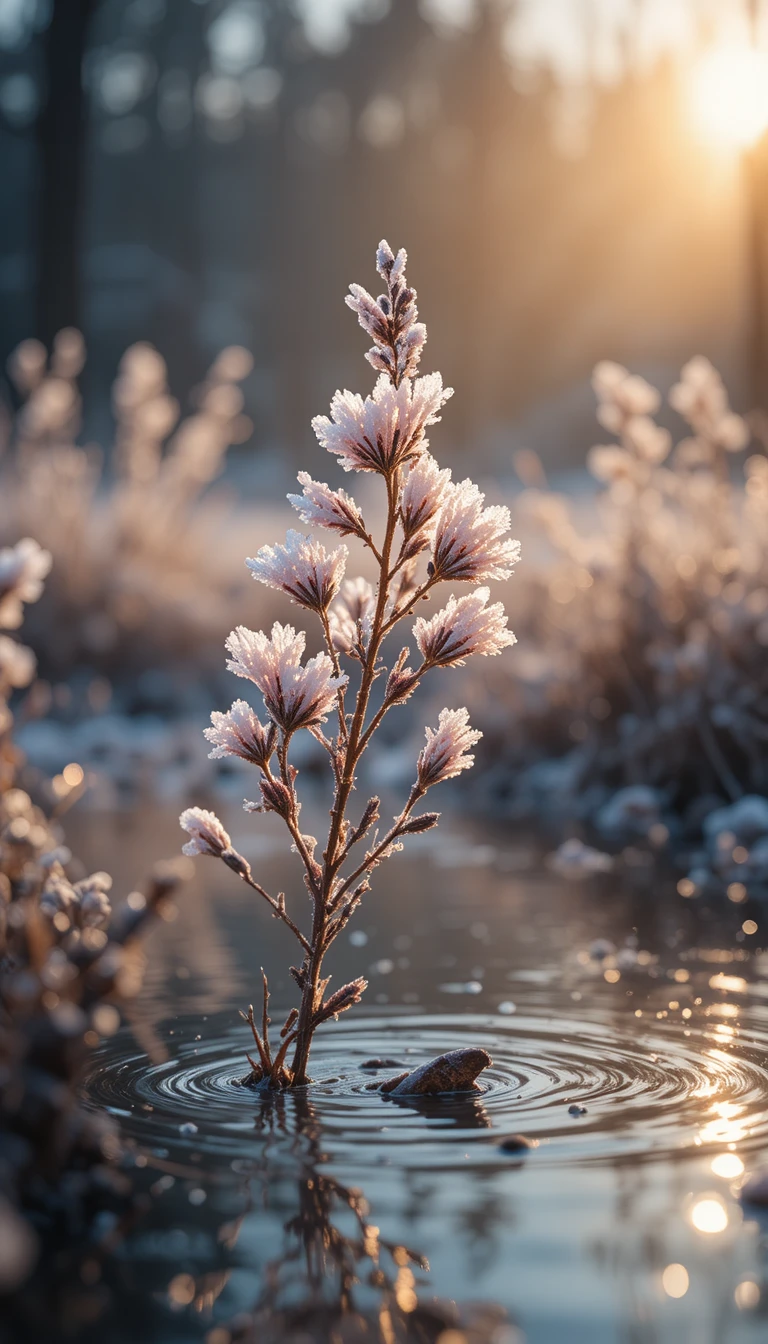 Vereiste rosa Blüten, gespiegelt auf dunklem winterlichem Wasser