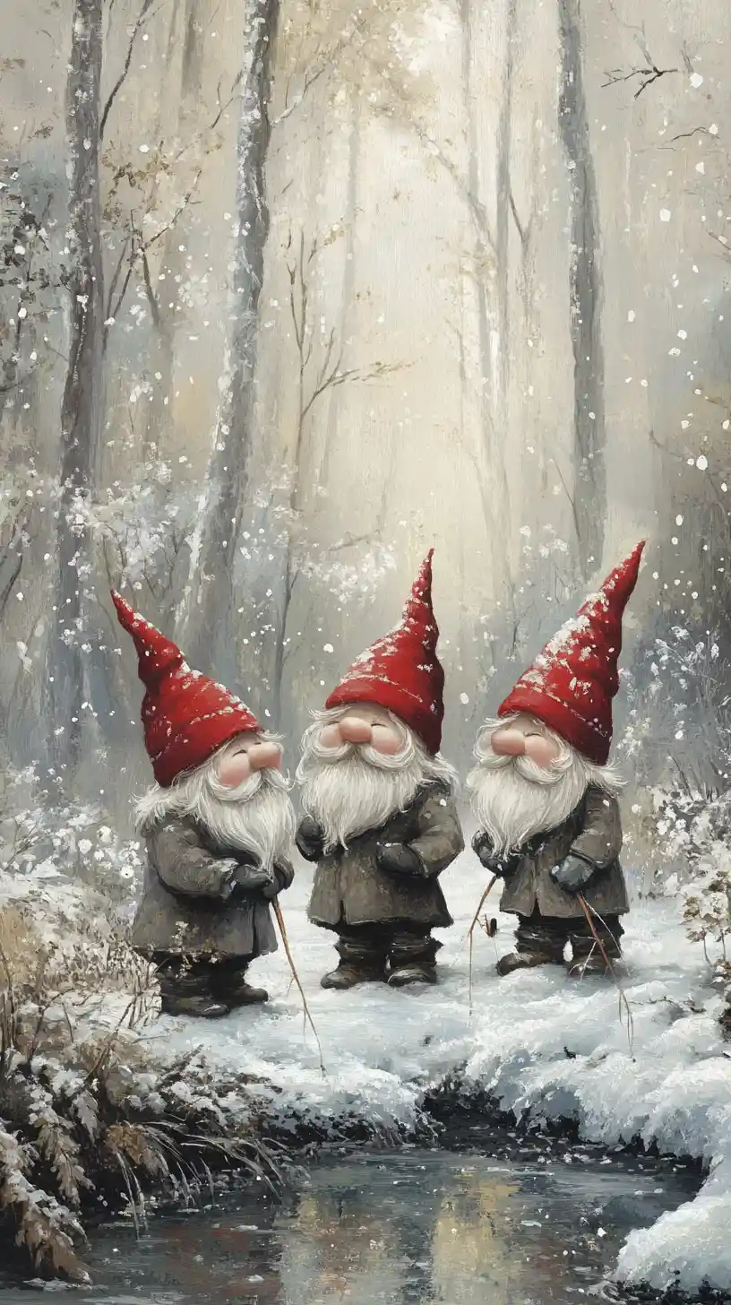 Cheerful Winter Gnomes By An Icy Forest Fishing Hole