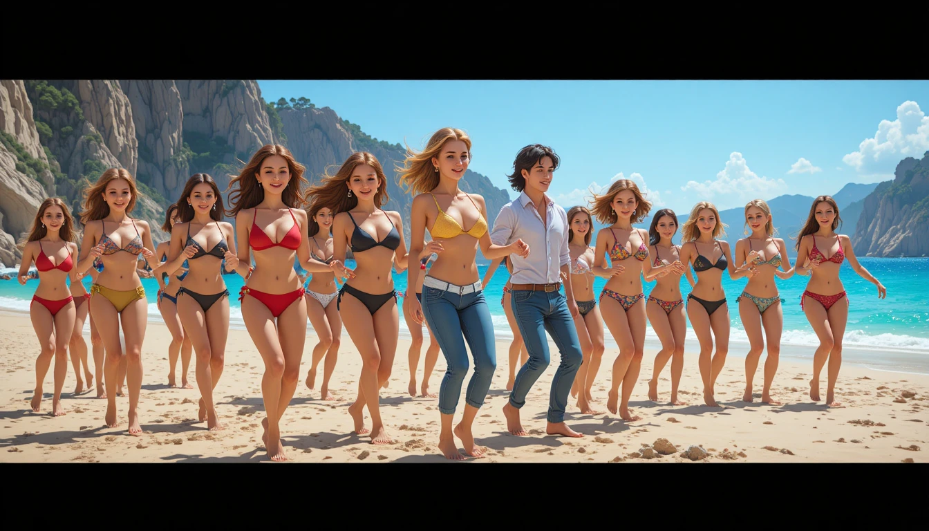 Jóvenes amigos bailando juntos en una playa soleada