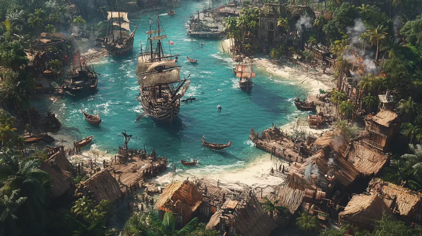 Illustrazione fantasy drammatica di una vivace baia di pirati