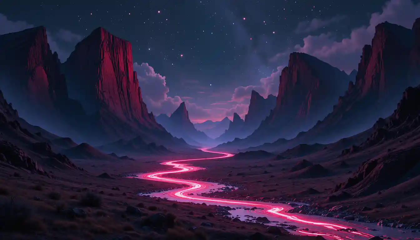 Neon River Flowing Through A Dark Cosmic Valley