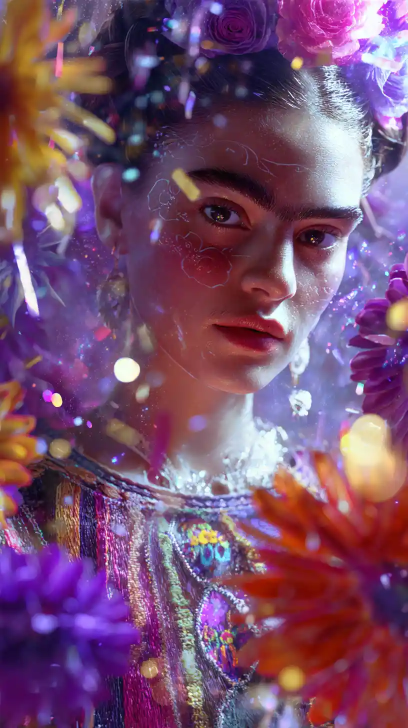 Surreal Cinco de Mayo woman amid floating flowers and light