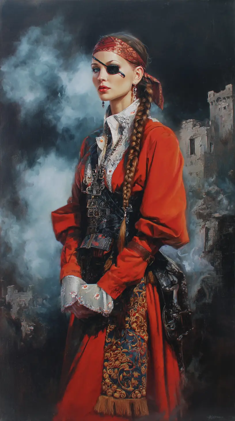 Dark fantasy warrior woman under a stormy fortress sky