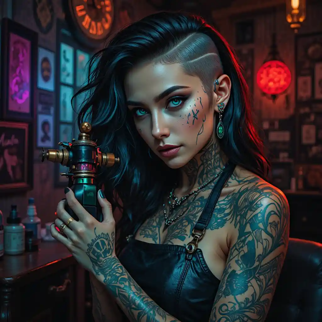 Tattooed ink mistress with neon glow in dark studio