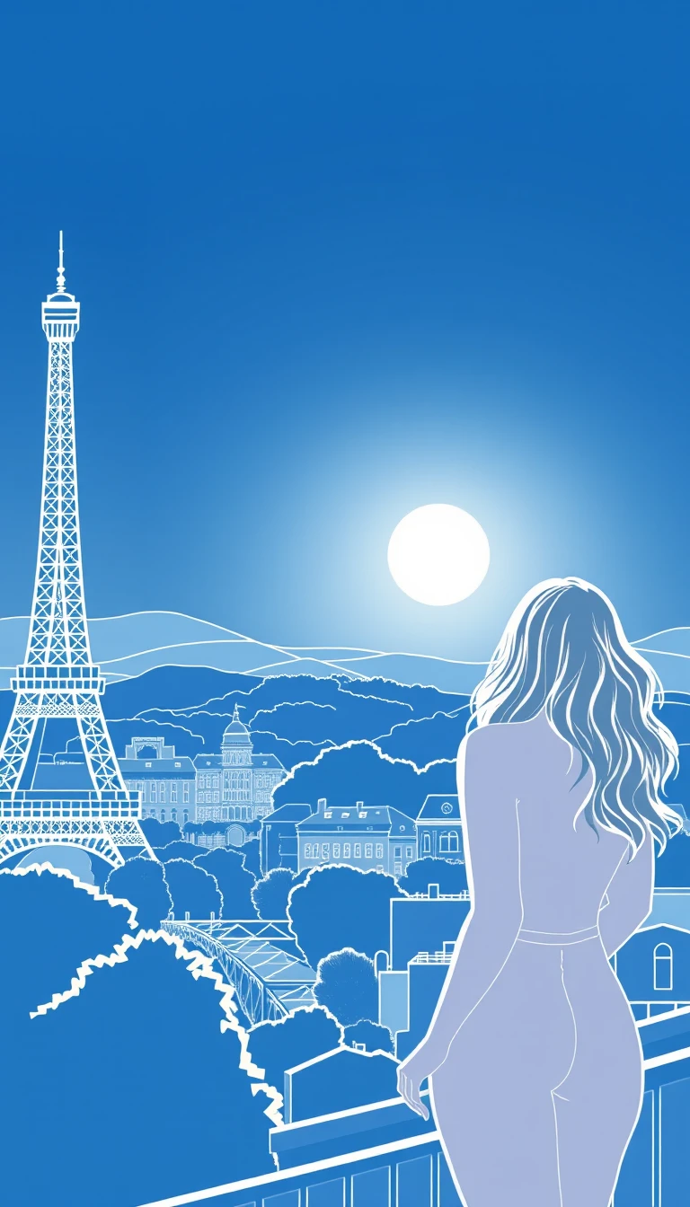 Glamorous woman in front of the Eiffel Tower line art