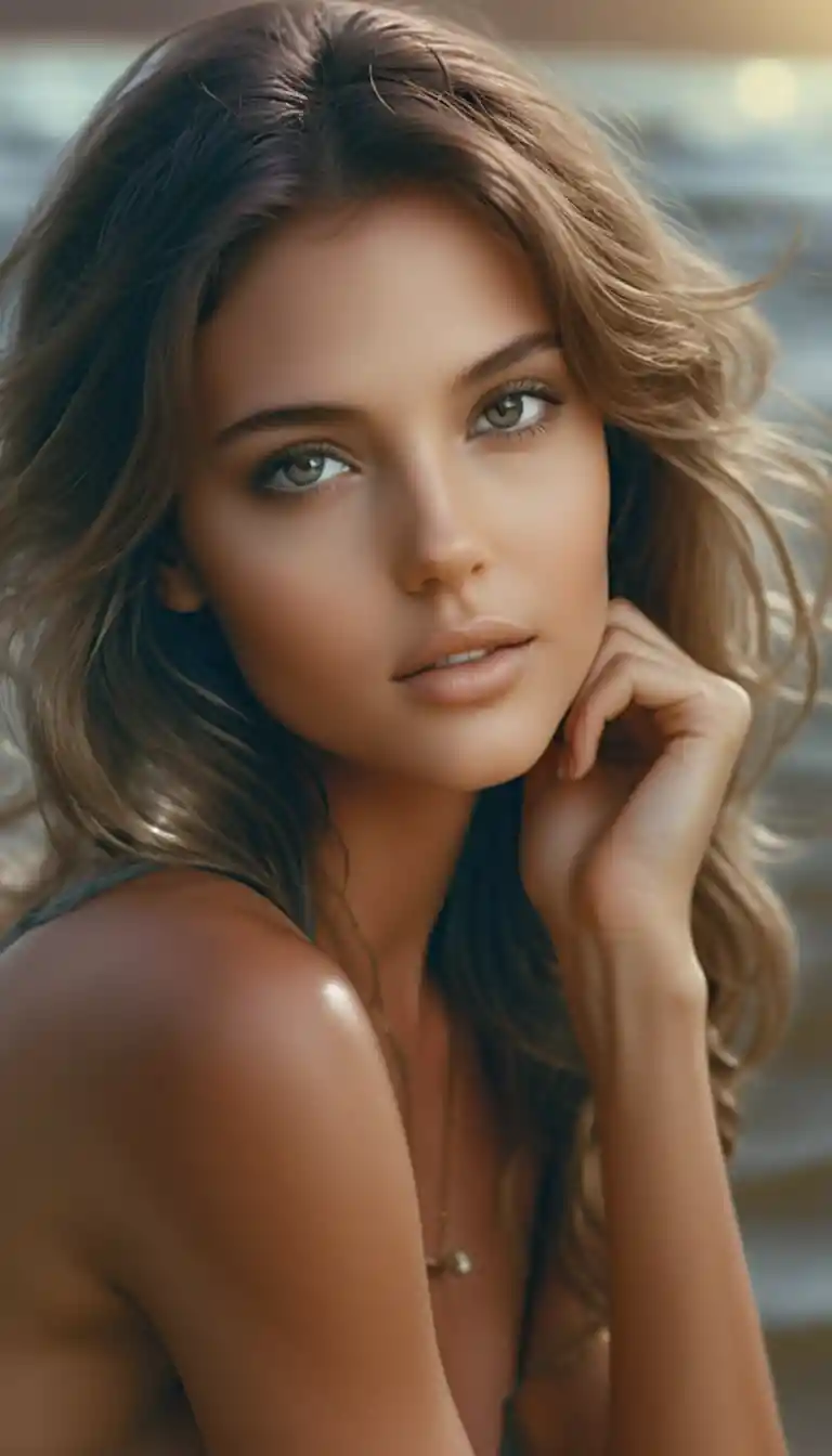 Glamorous European woman posing against a serene seascape