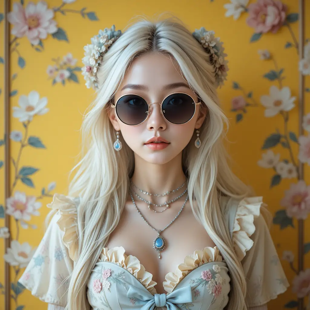 Dreamy young woman in floral dress before yellow wall