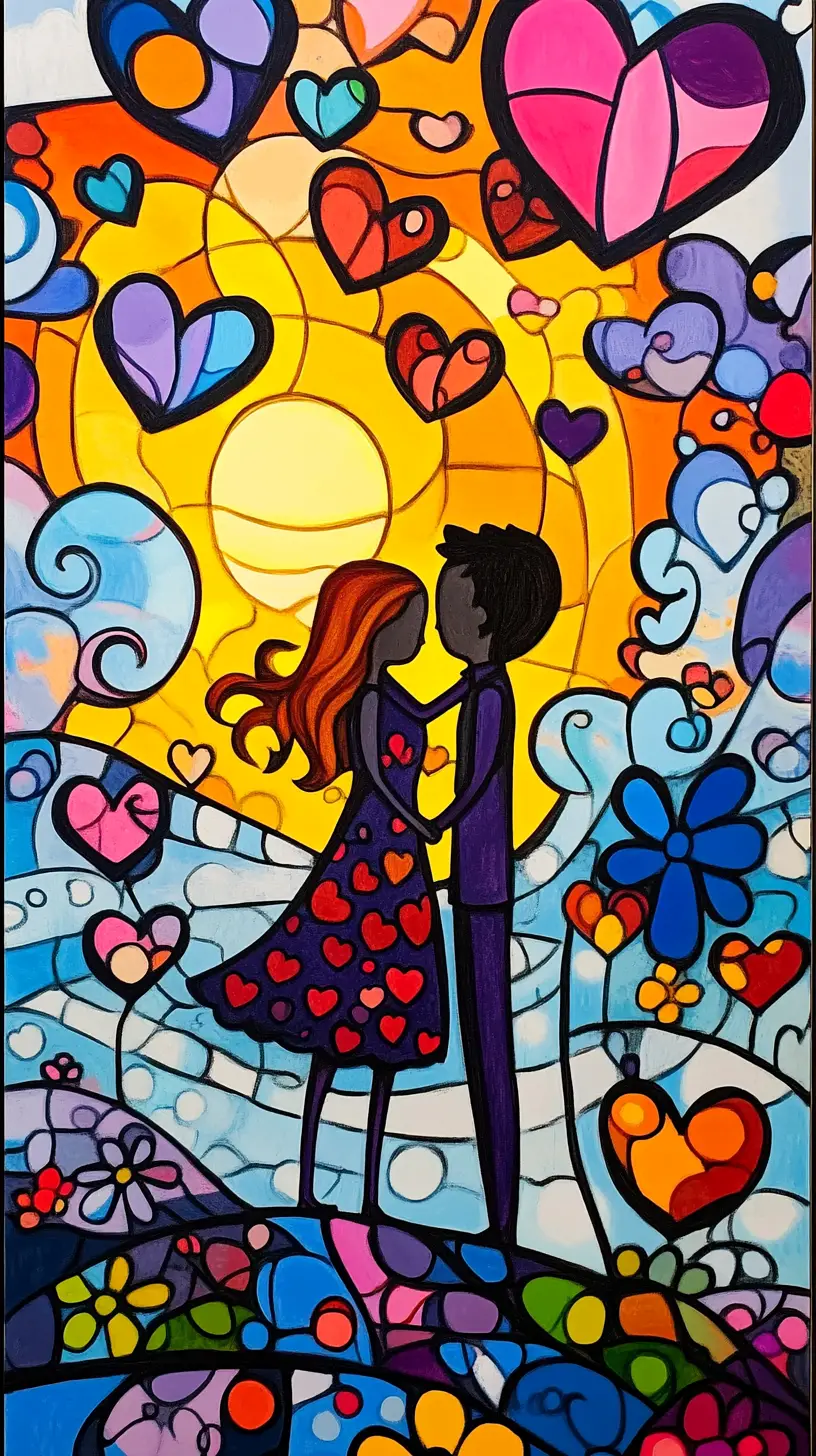 Naïve histoire d’amour en graffiti dans un collage au coucher de soleil au bord de la mer