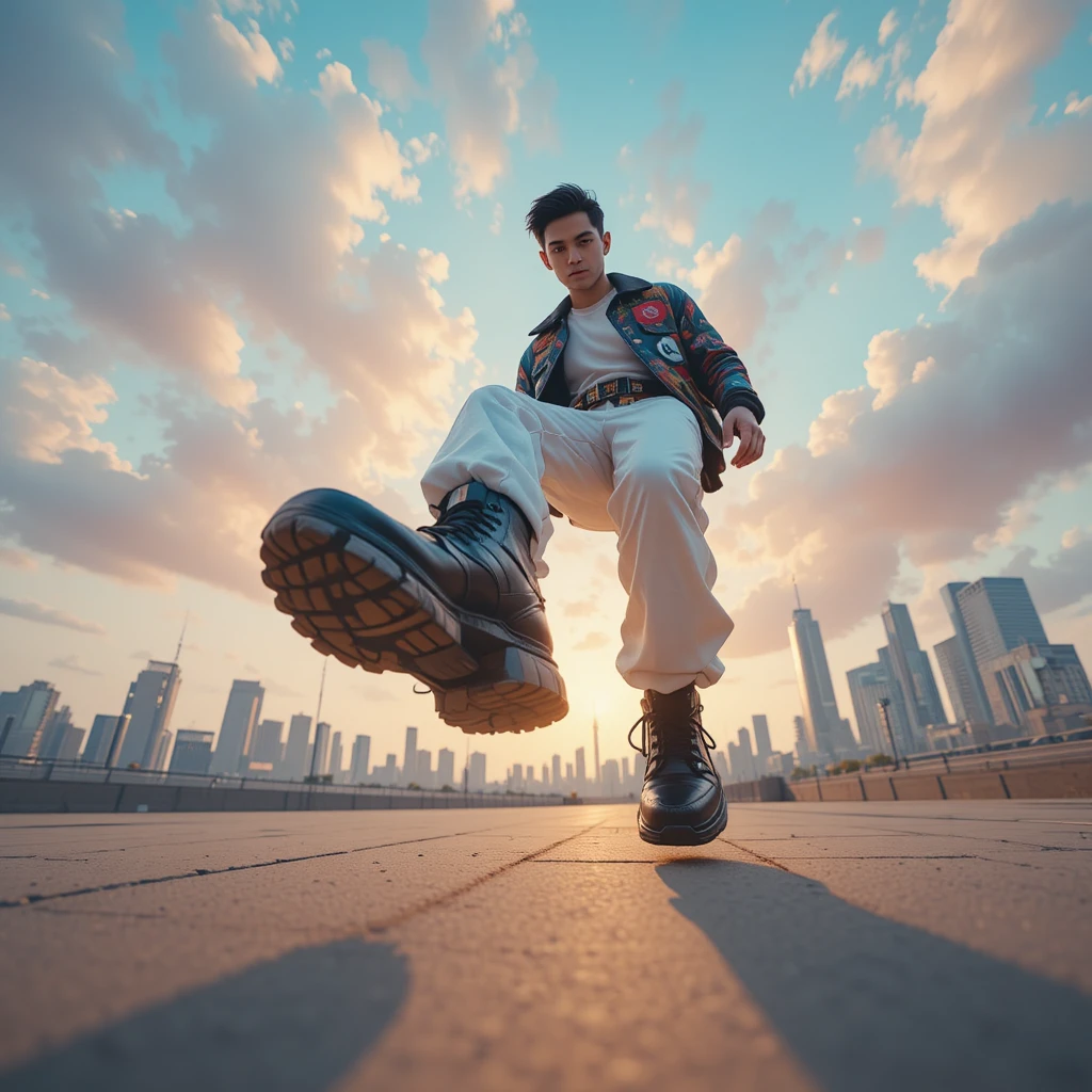 Dynamic worm eye view of man in futuristic sneakers
