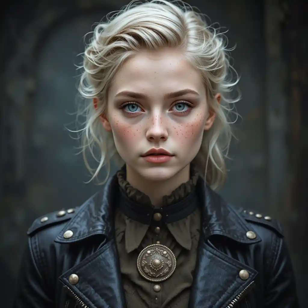 Young freckled blonde portrait in vintage leather jacket
