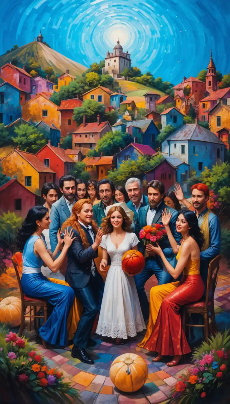 Joyful circle of musicians in colorful hillside village