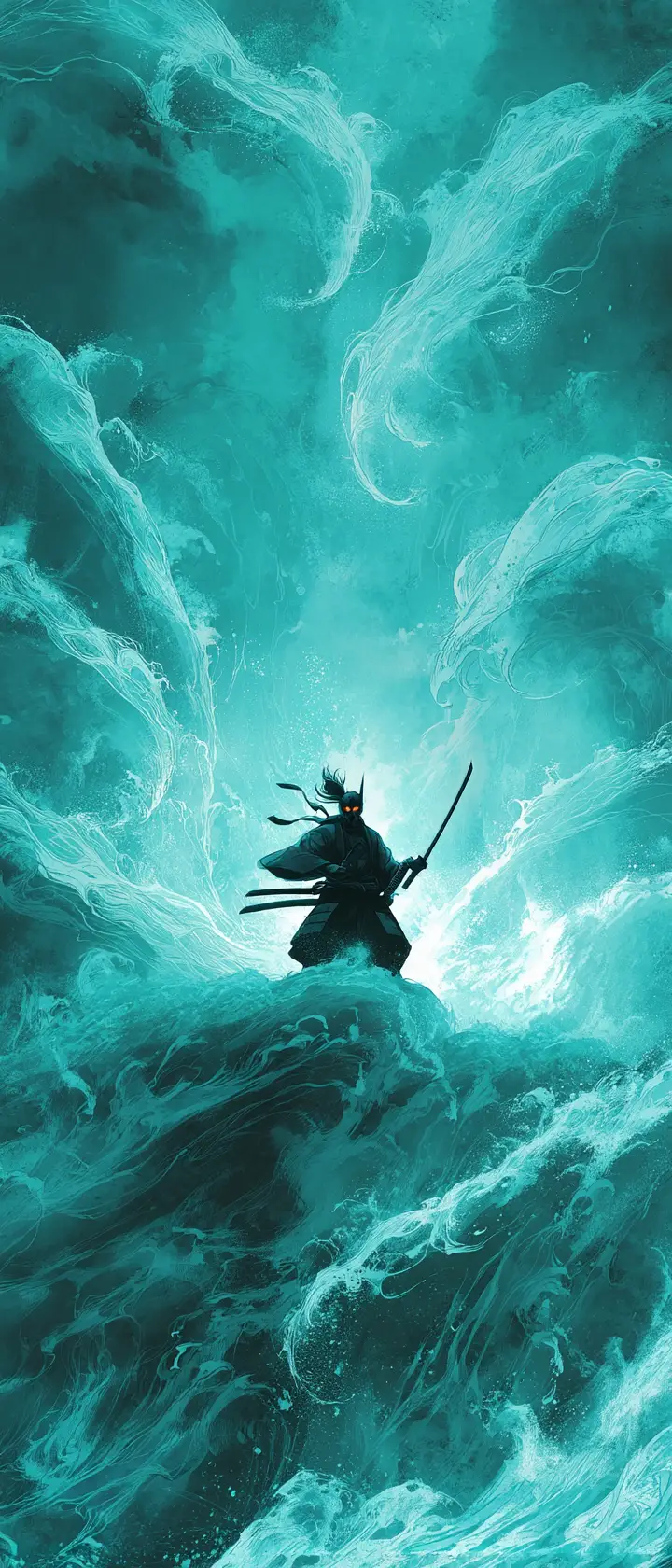 Masked ronin warrior atop a crashing mythical ocean wave