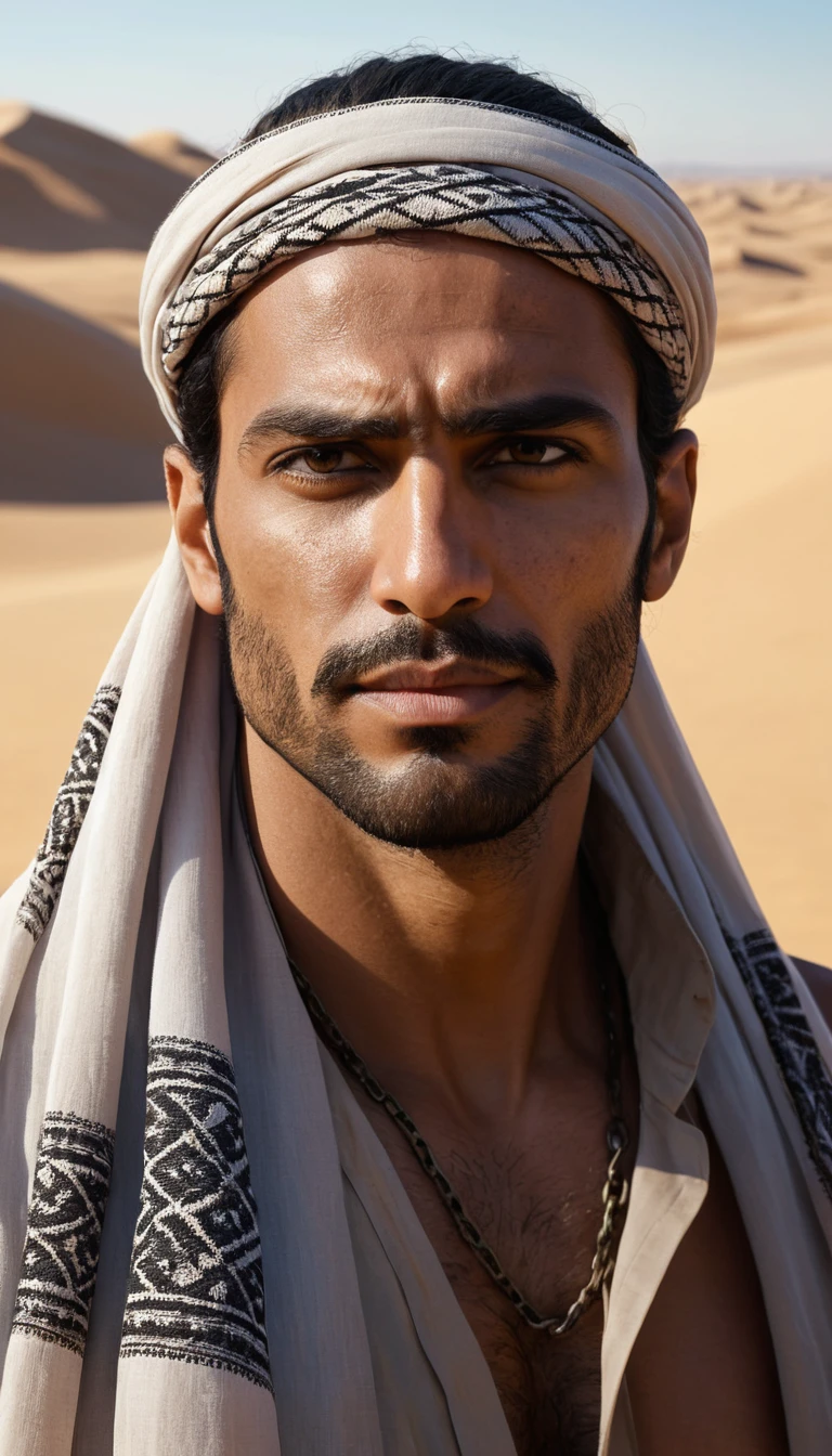 Muscular Middle Eastern man in keffiyeh standing in desert