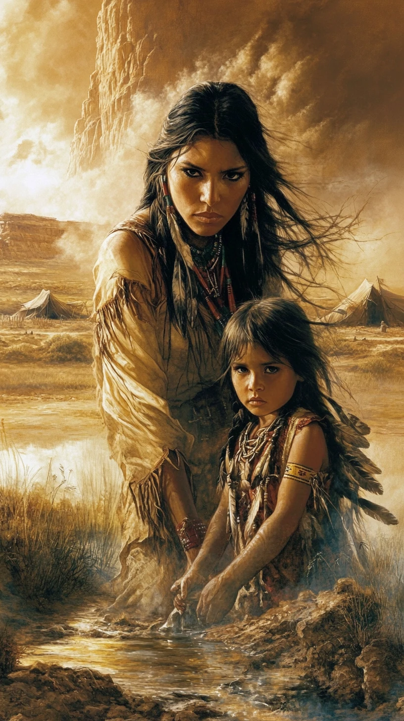 Native American woman and child by a quiet desert stream