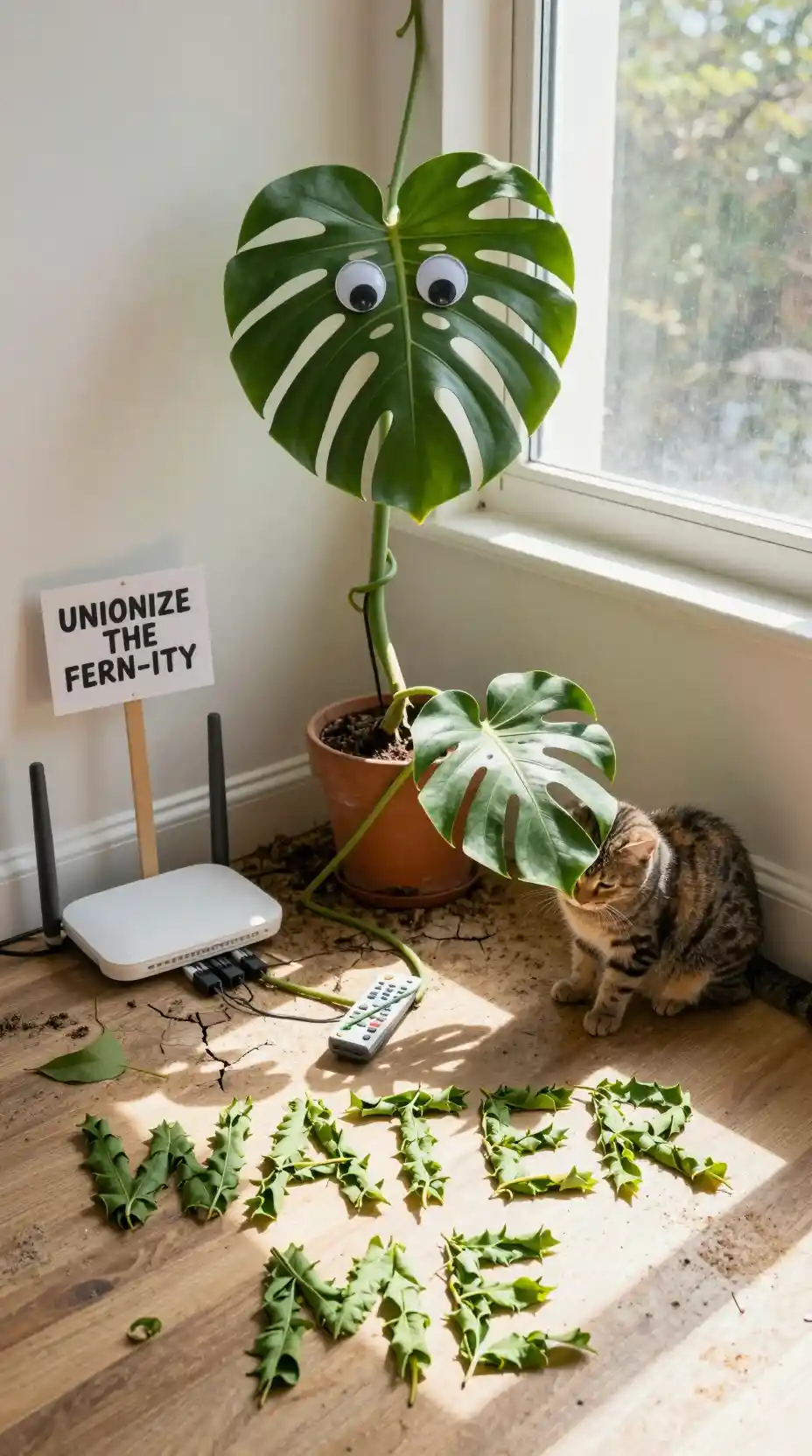 Mischievous monstera houseplant sabotaging wifi and remote