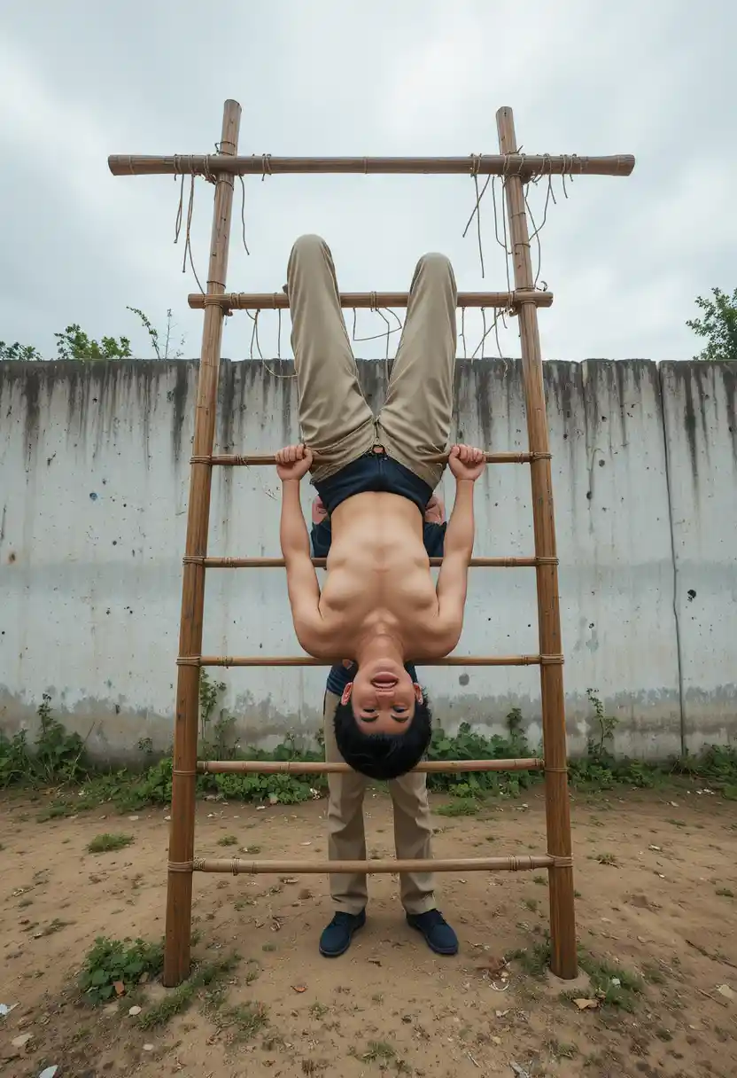 Young man training upside down on a bamboo ladder