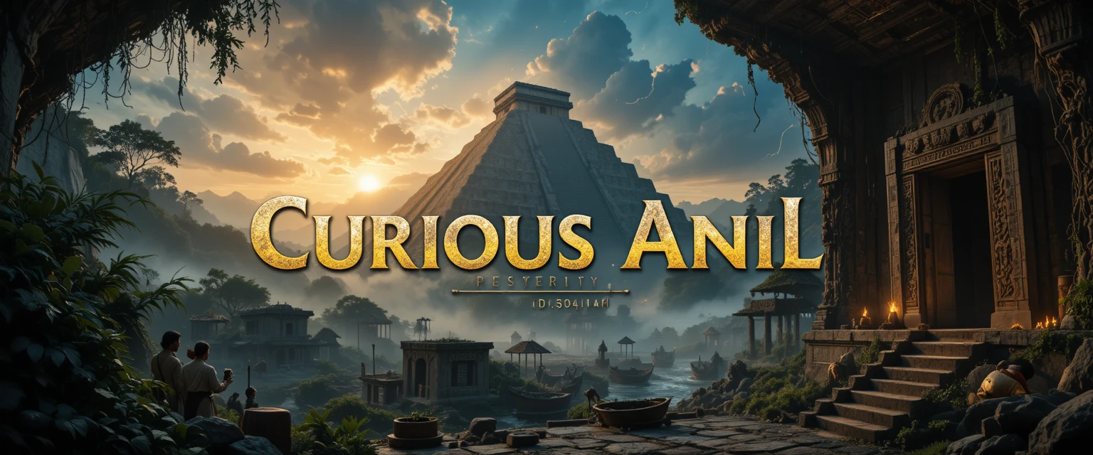 Ruines de jungle et pyramide cinématographiques sous un ciel orageux et dramatique