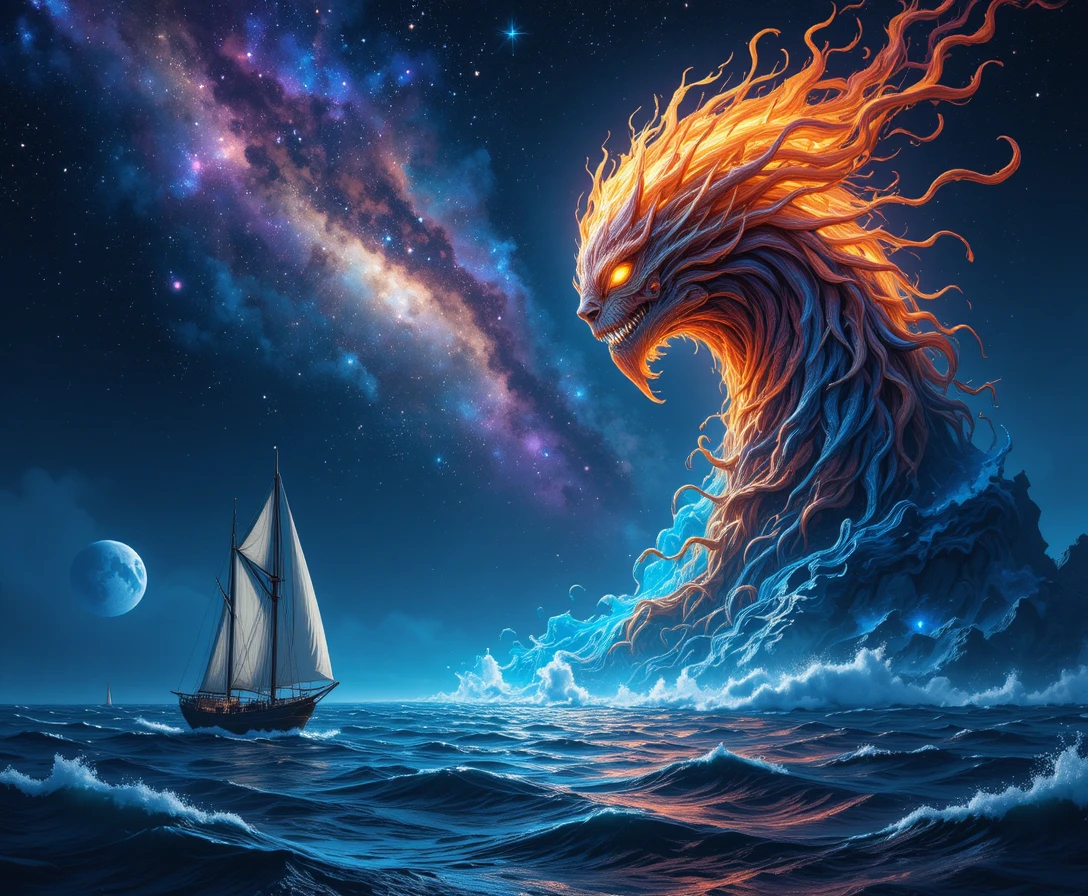 Dos veleros cruzan un mar agitado bajo una galaxia luminosa