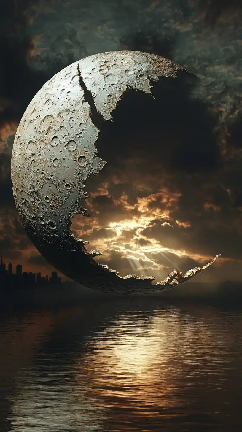 Cracked moon silhouette spilling silver light over warped city