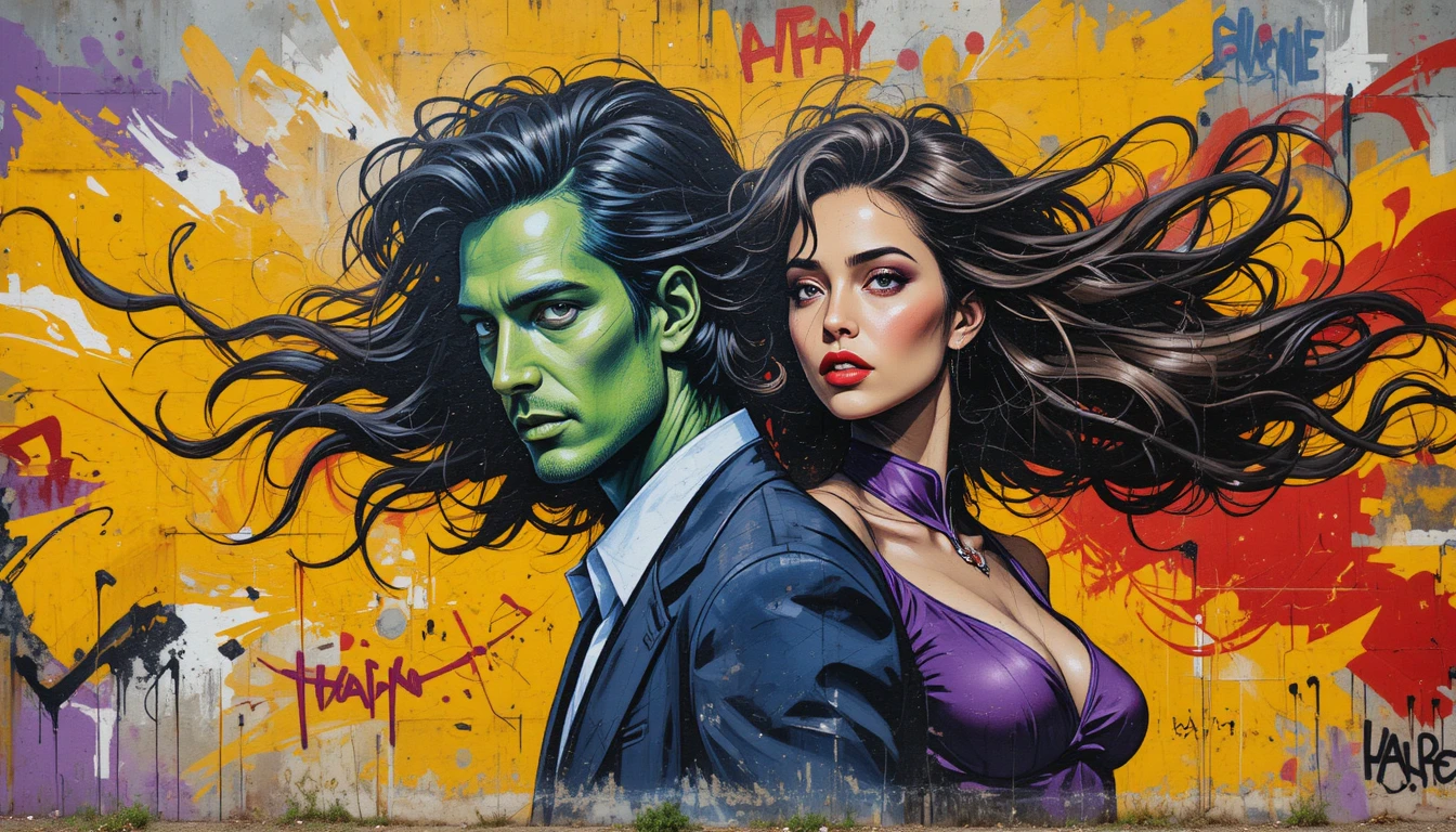 Colorido arte callejero de un hombre y una mujer en un muro urbano