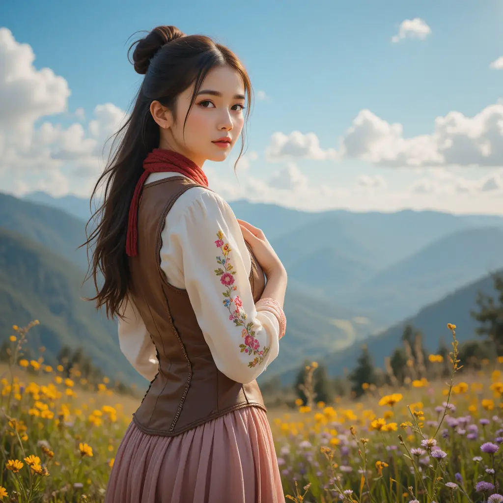 Jeune femme en blouse brodée dans une prairie de montagne baignée de soleil
