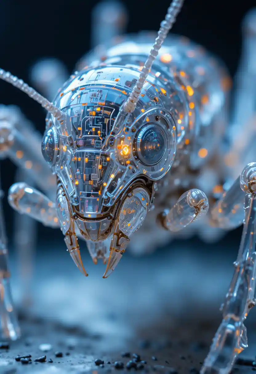Translucent cybernetic ant in detailed macro view