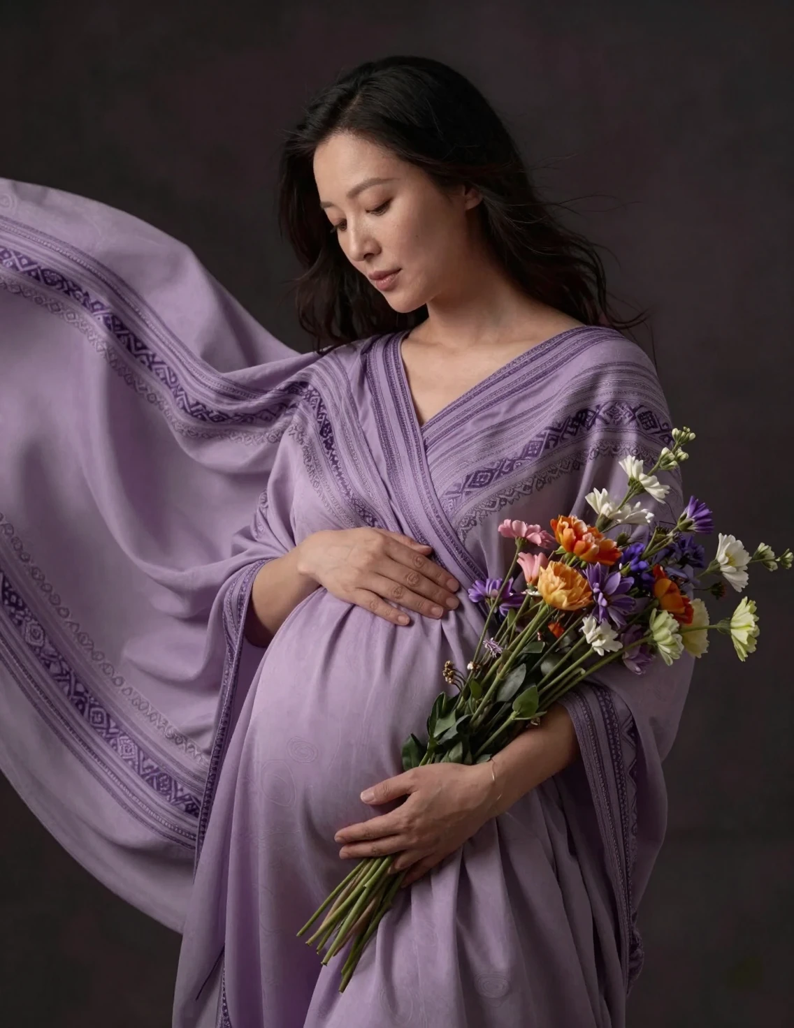 Serene portrait of pregnant mongolian woman in soft draped fabric
