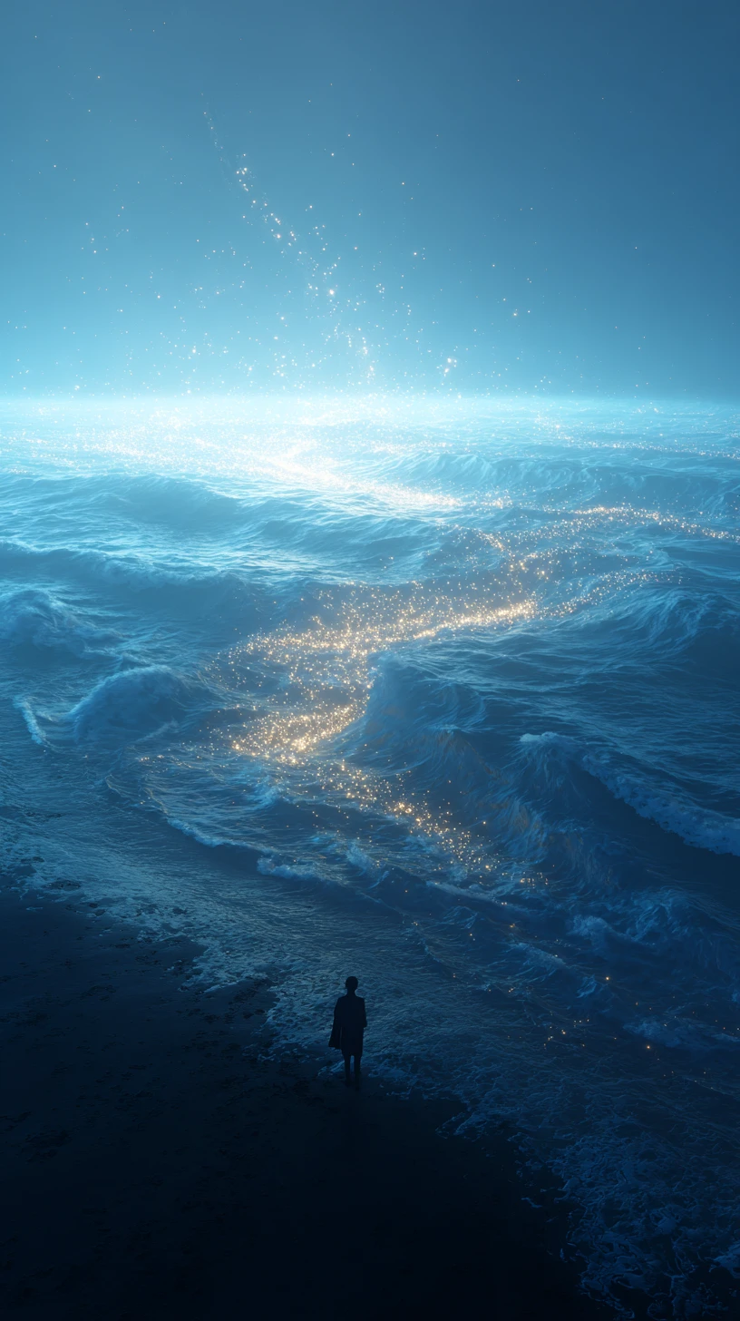 Figura afrofuturista di fronte a un oceano luminoso di luce liquida