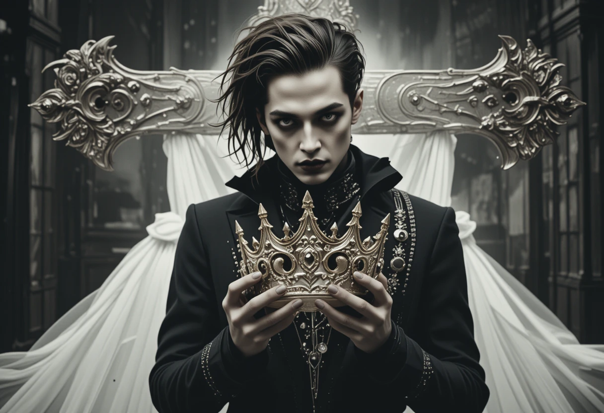 Gothic man holding a golden crown in surreal light