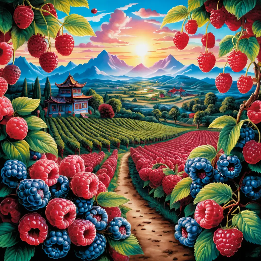 Plantación surrealista de frambuesas al amanecer en paisaje de montañas azules