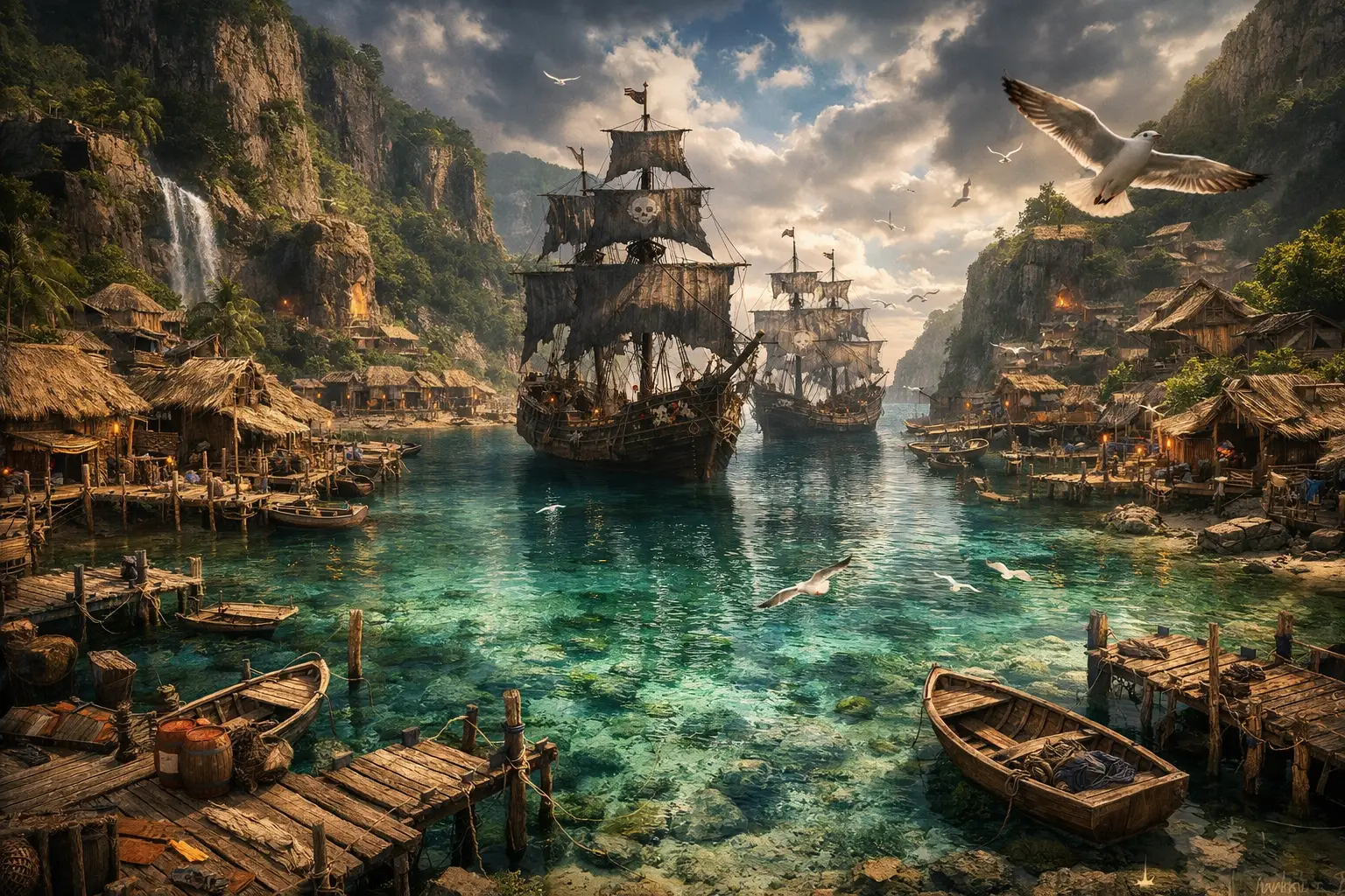 Illustrazione fantasy drammatica di una vivace baia dei pirati