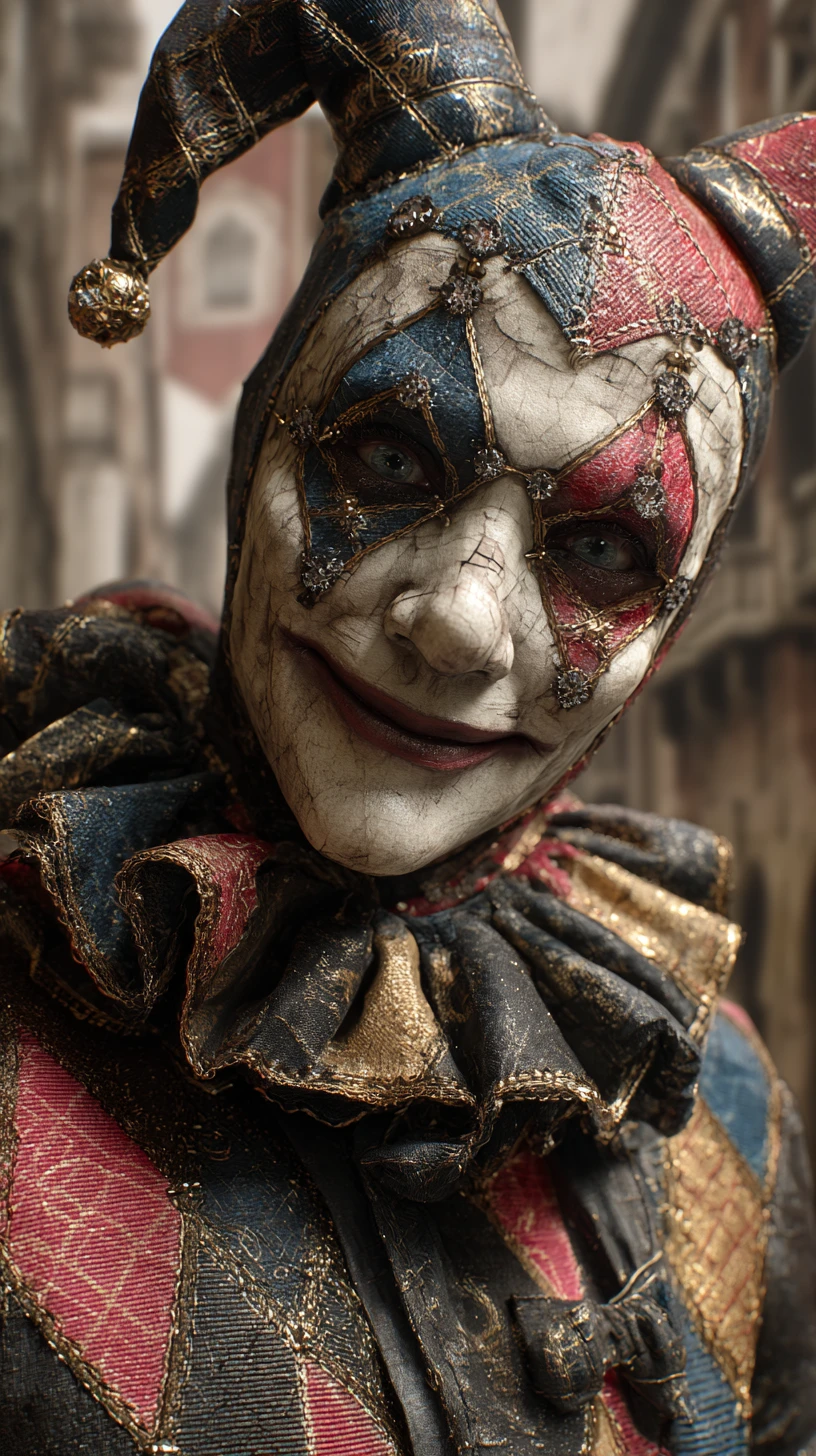 Creepy porcelain clown mask portrait in foggy street