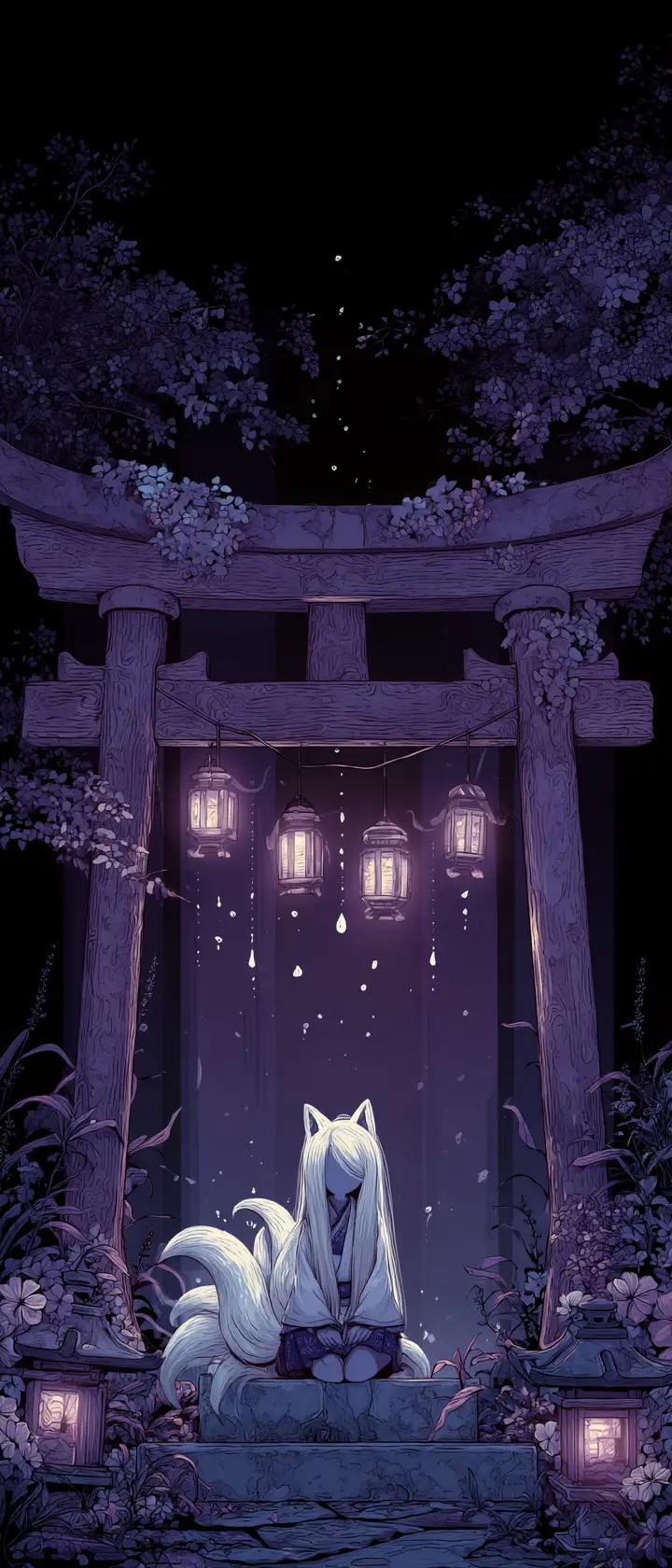 Fox spirit girl on abandoned shrine torii at twilight