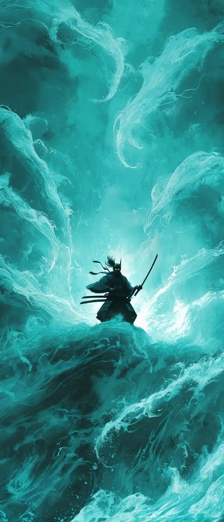 Masked ronin warrior atop a crashing mythical ocean wave