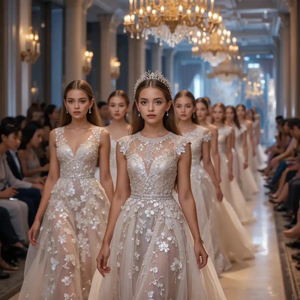 Young girls on luxury fashion runway in elegant gowns