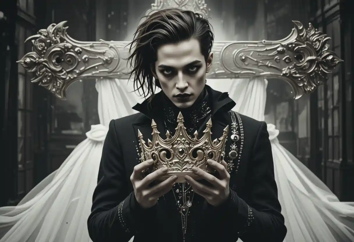 Gothic man holding a golden crown in surreal light