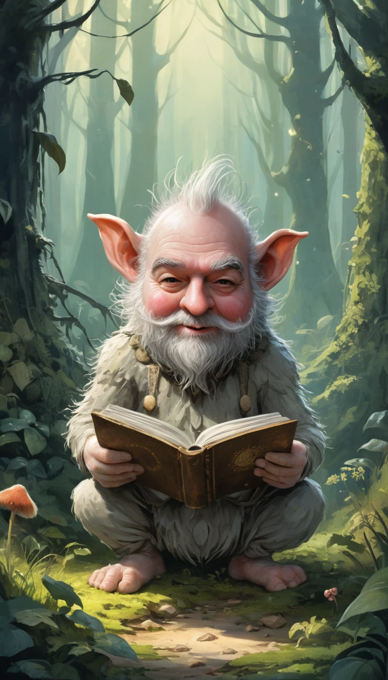 Troll de forêt joyeux en dessin animé avec des cheveux blancs duveteux
