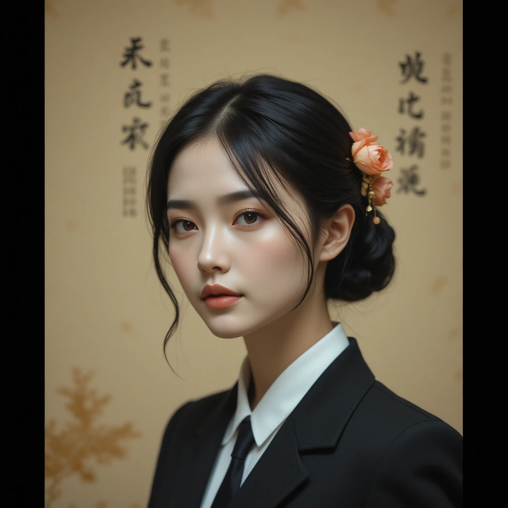 Young woman in black suit with peach flower hairpiece