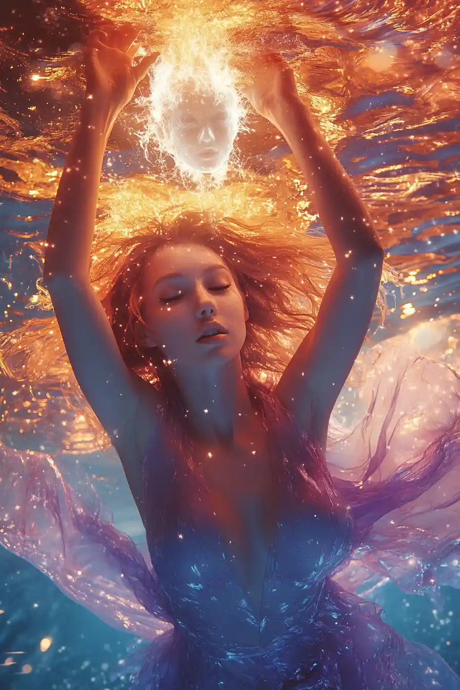 Ethereal woman rising from water holding glowing alien face