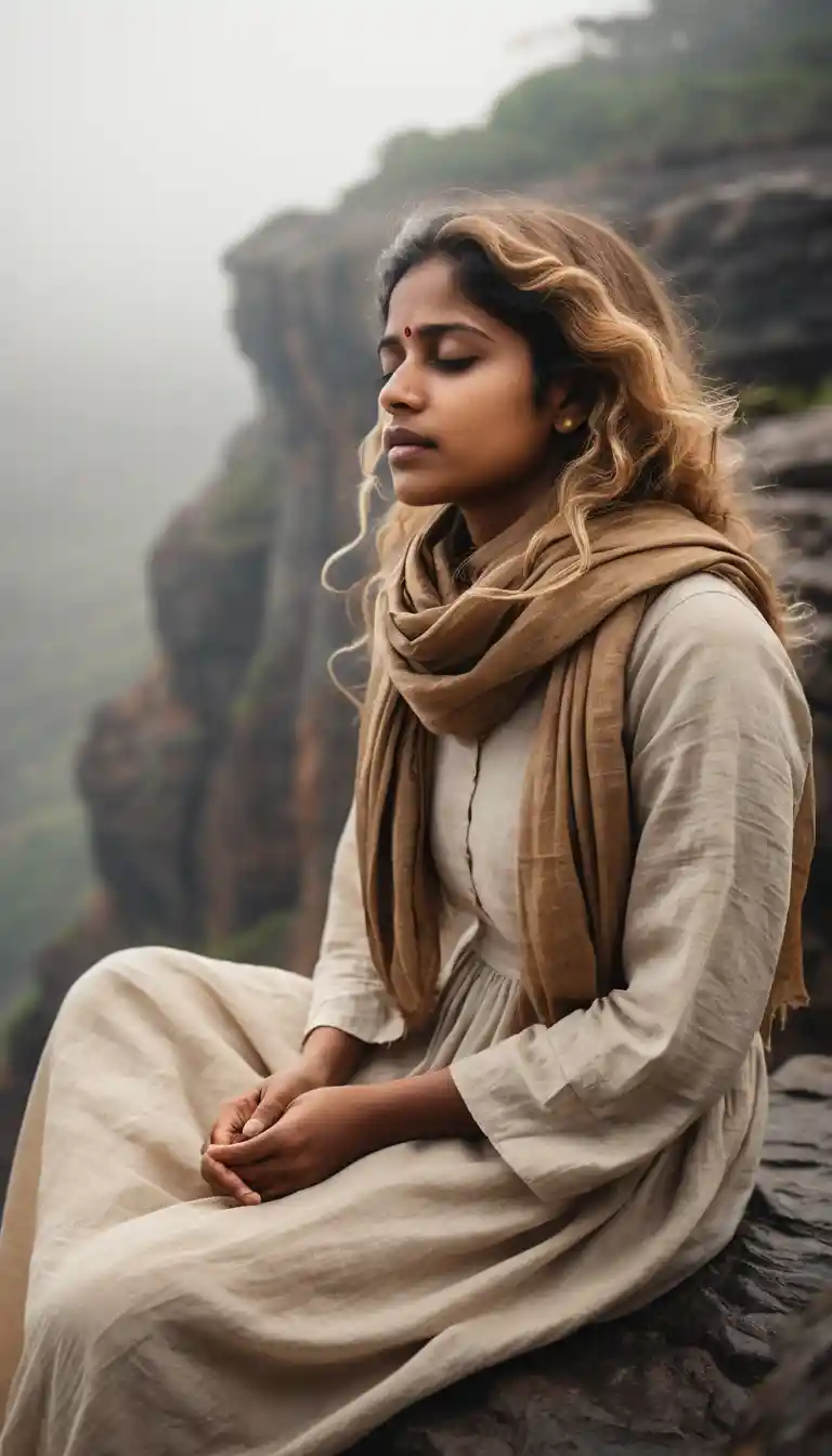 Young woman meditating on a windy cliff edge